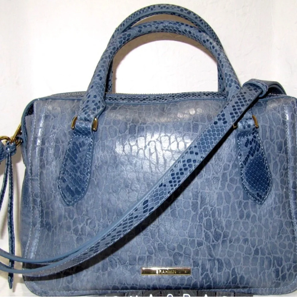 Brahmin Micaela Blue Snake Textured Genuine Leather Satchel